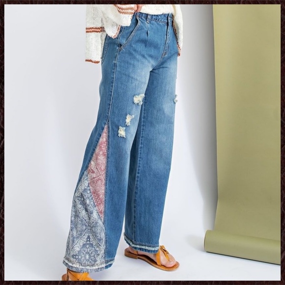 EASEL "I Got A Feeling" Bell Bottom Denim Pant W/Contrast Patchwork At The Sides - Picture 15 of 16